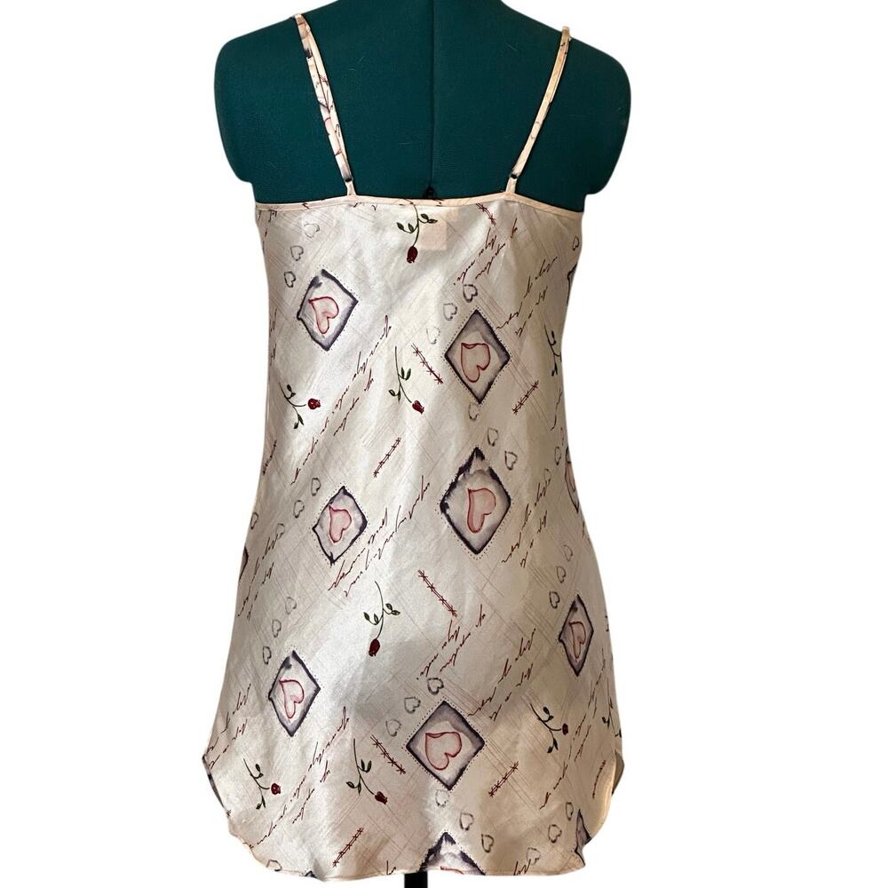 Vintage Lillianna Satin Heart & Rose Print Mini Slip Dress Ivory Pink Size Small - Picture 5 of 7